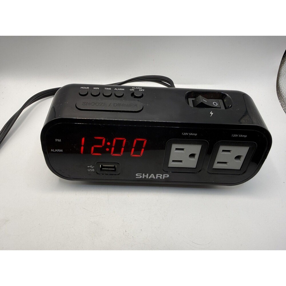 Sharp SPC137 LED Digital Alarm Clock 2 AC Outlets USB Charger Black Bedside